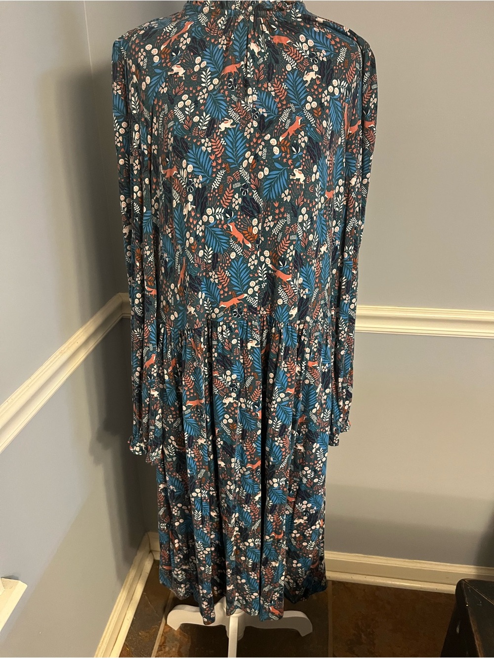 Boden Teal, Coral and White Botanical Long-Sleeve Midi Dress
